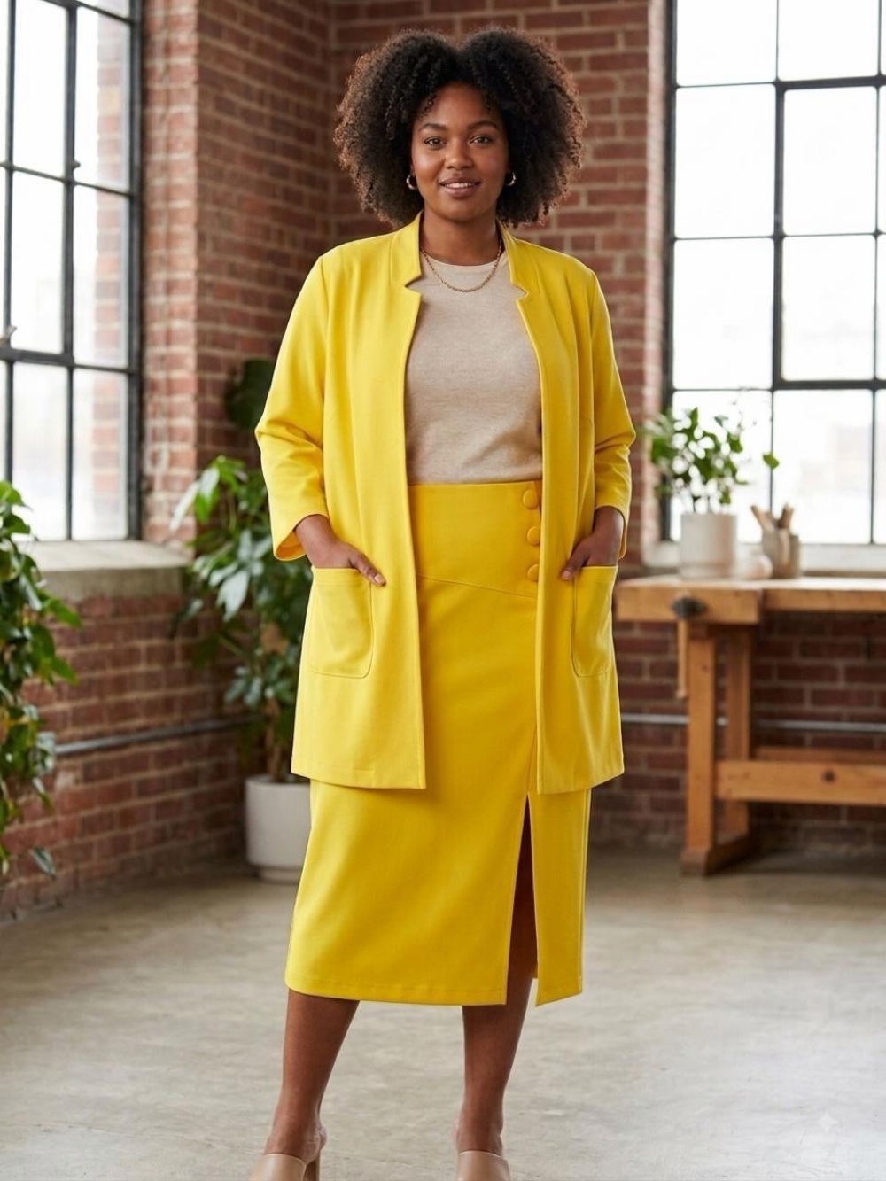 NWT NYCC Yellow High-Waist Button Pencil Skirt